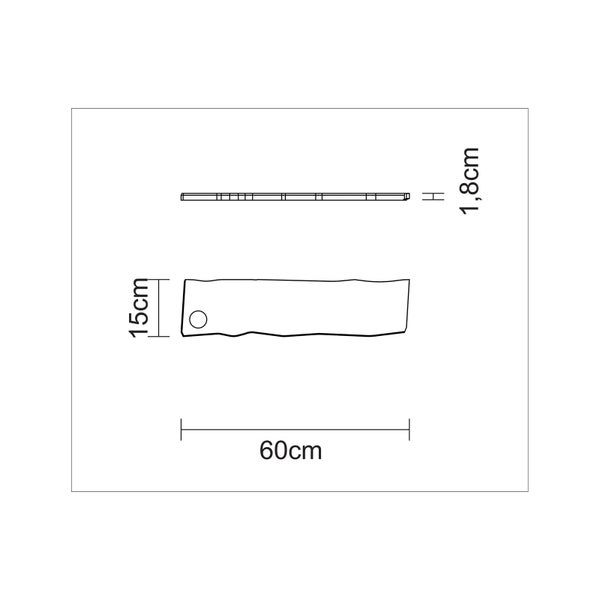 Technische Zeichnung eines Regals mit den Maßen 60 cm Länge, 15 cm Breite und 1,8 cm Höhe