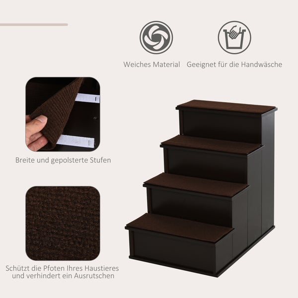 PawHut Haustiertreppe 4-stufige Hundetreppe Katzentreppe Einstiegshilfe mit rutschfester Matte Haustierleiter für Auto Bett Sofa Dunkelbraun 40 x 59 x 54,2 cm