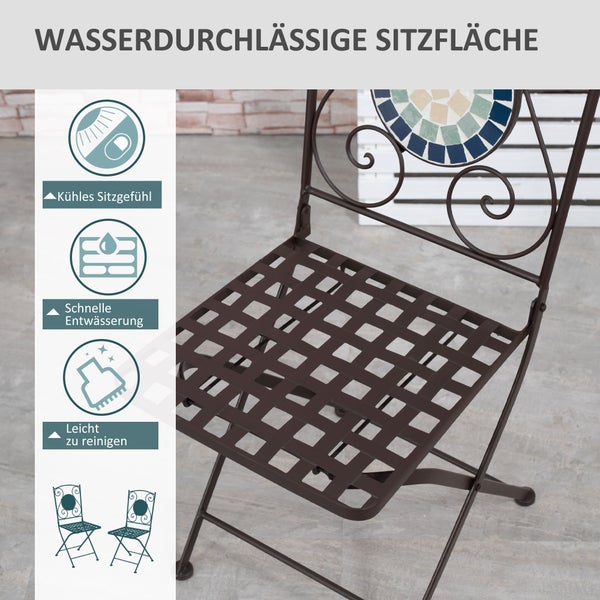 Outsunny 3tlg. Gartenmöbel-Set, inkl. 1 Tisch, 2 klappbaren Stühlen mit Mosaiksteinen, 61L x 61B x 71,5H cm, Metall, Blau+Grün+Gelb