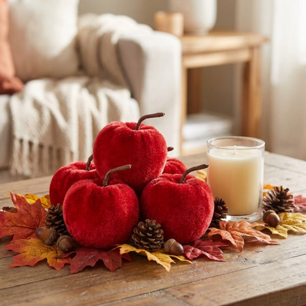 Herbstliche Tischdekoration mit beflockten Deko Äpfeln, Tannenzapfen, Eicheln und künstlichen Ahornblättern neben einer Kerze auf einem Holztisch.