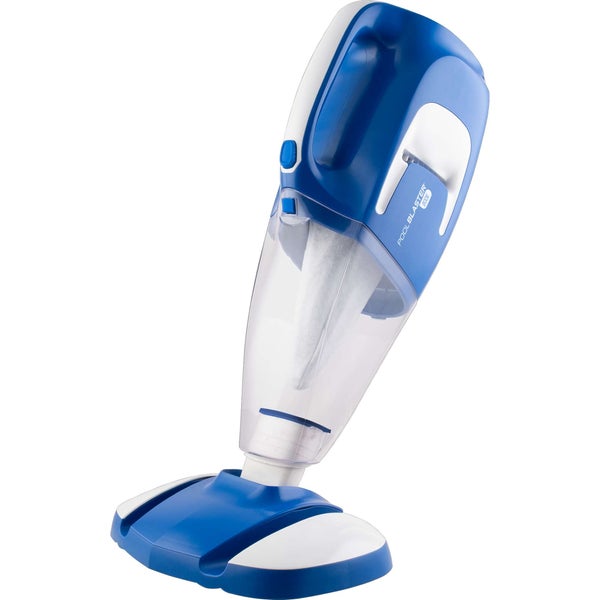 Akkubetriebener Poolsauger Pool Blaster in Blau und Weiß mit transparentem Auffangbehälter.