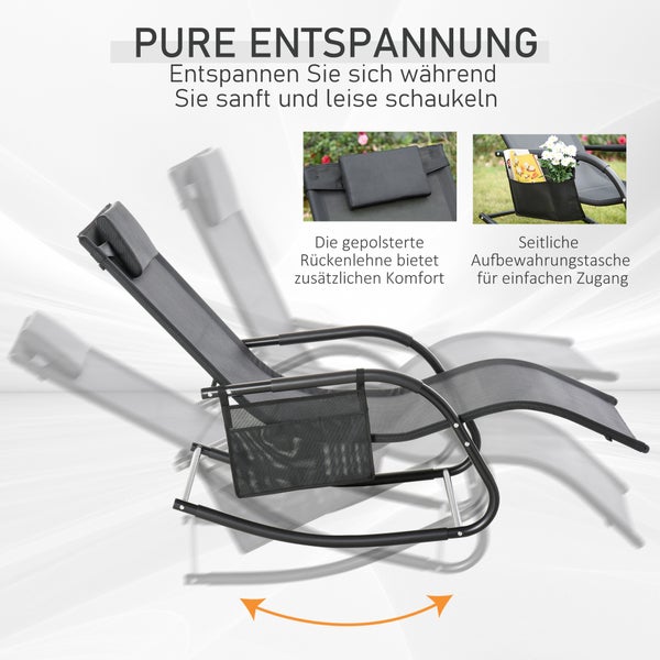 Schaukel-Gartenliege mit ergonomischer Form, Kopfpolster und Seitentasche, schwarzer Metallrahmen und Textil-Mesh-Gewebe.