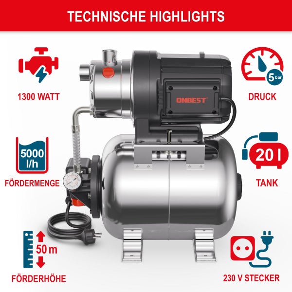 Onbest Hauswasserwerk: 1300 Watt, 5000 Liter pro Stunde Fördermenge, 50 Meter Förderhöhe, 5 bar Druck, 20 Liter Tank und 230 Volt Stecker.