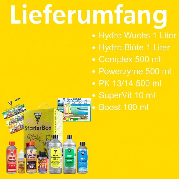 HESI Hydro StarterBox Lieferumfang bestehend aus Hydro Wuchs, Hydro Blüte, Complex, Powerzyme, PK 13/14, SuperVit, Boost Dünger und Zuchtschema.