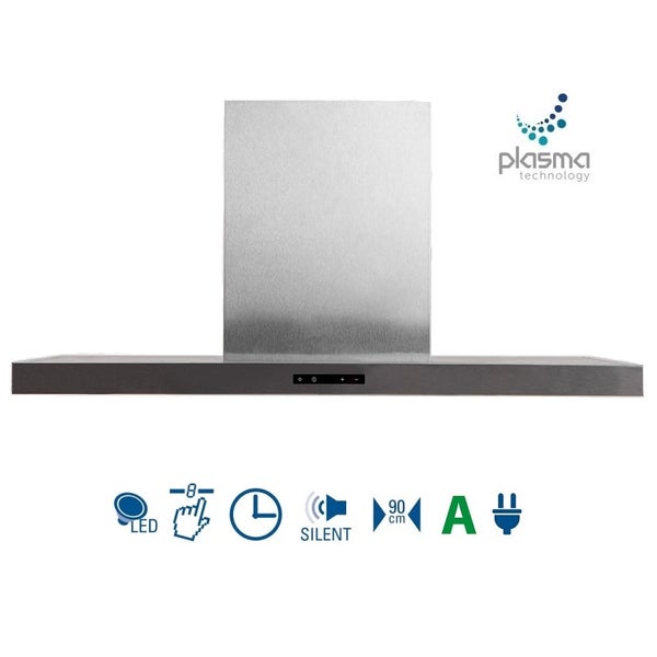 Wandhaube aus Edelstahl mit 90 Zentimeter Breite, Energieeffizienzklasse A, LED-Beleuchtung, Silent-Modus, Timer und Plasma Technology Logo.