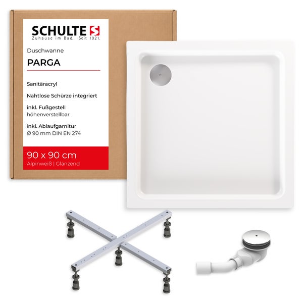 Schulte Duschwanne Parga aus Sanitäracryl, 90 mal 90 Zentimeter, inklusive höhenverstellbarem Fußgestell und Ablaufgarnitur, Schulte Logo.