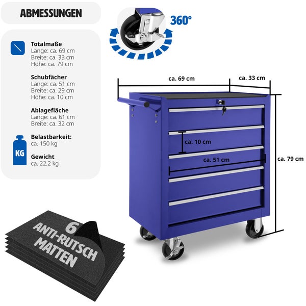 Werkzeugwagen tectake  Rollen Ø 100 mm 5 kugelgelagerte Schubladen mit Antirutschmatten blau