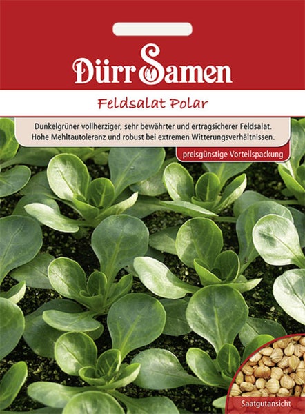 Dürr Samen Logo. Feldsalat Polar, Saatgut in der Vorteilspackung mit Abbildung der Pflanzen.