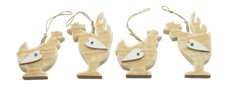 FRANK FLECHTWAREN | Hänger Huhn & Hahn, 4er Set, HOLZ, SISAL, H: 10cm, H: 15cm