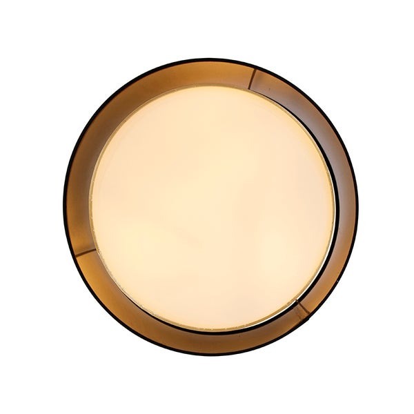 Runde Deckenleuchte mit dunklem Rahmen und leuchtendem, warmweißem Diffusor.