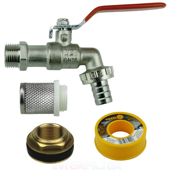 Set bestehend aus Auslaufventil mit Hebelgriff, Siebfilter, Anschlussmutter mit Dichtung und PTFE Dichtband für Wasserinstallationen.
