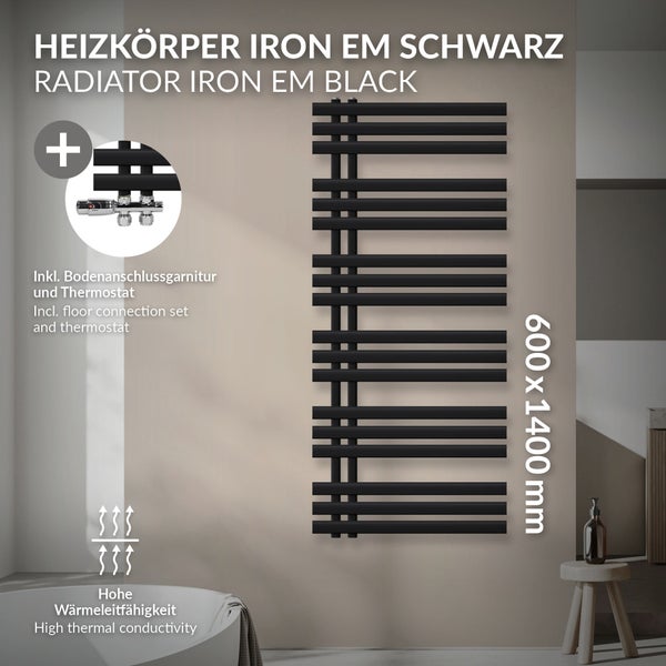 Schwarzer Heizkörper Iron EM, 600 mal 1400 Millimeter, inklusive Bodenanschlussgarnitur und Thermostat, hohe Wärmeleitfähigkeit