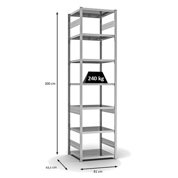 PROREGAL Fachbodenregal Stecksystem T-Profil Medium-Duty Grundregal HxBxT 300 x 75 x 60 cm 7 Ebenen Fachlast 240 kg Beidseitig Nutzbar Verzinkt