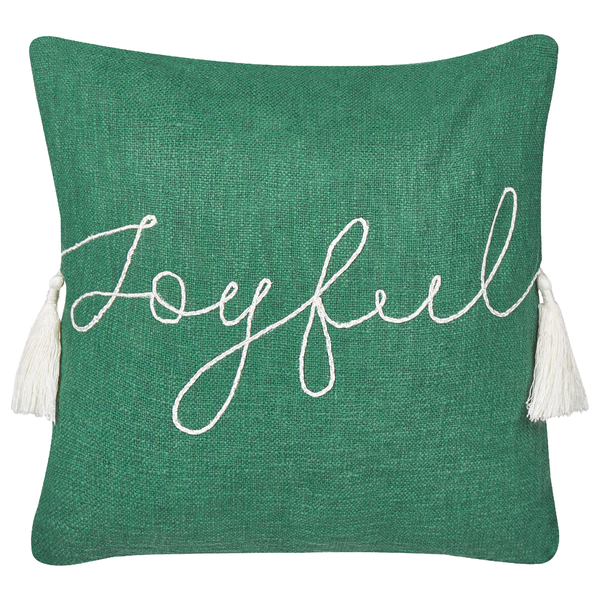 Grünes Dekokissen mit weißem Stick-Schriftzug Joyful und seitlichen Quasten.