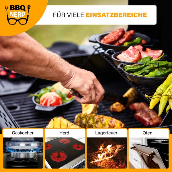 BBQ-Nerd Servierpfännchen aus Gusseisen im 6er Set |  Grillpfännchen - oval 20x9,5 cm - zum Braten Überbacken Grillen Anrichten Servieren | Gusspfännchen für einzelne Portionen