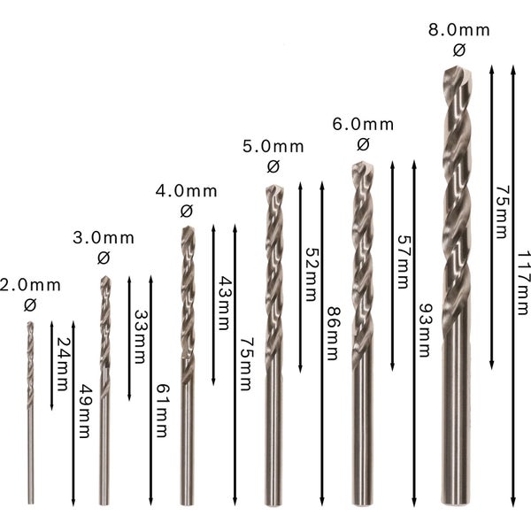 Satz Spiralbohrer mit unterschiedlichen Durchmessern und Längen