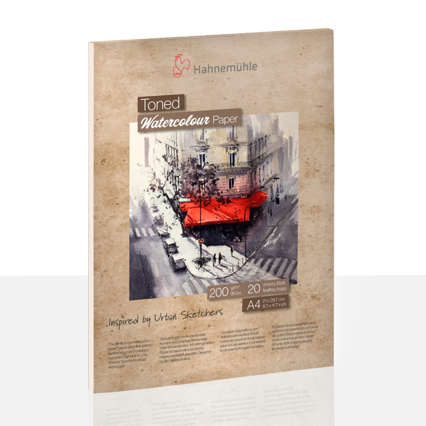 Hahnemühle Aquarellblock Toned Watercolour Paper, A4, 200 Gramm pro Quadratmeter, 20 Blatt, feinkörnige Struktur, beige getöntes Papier.