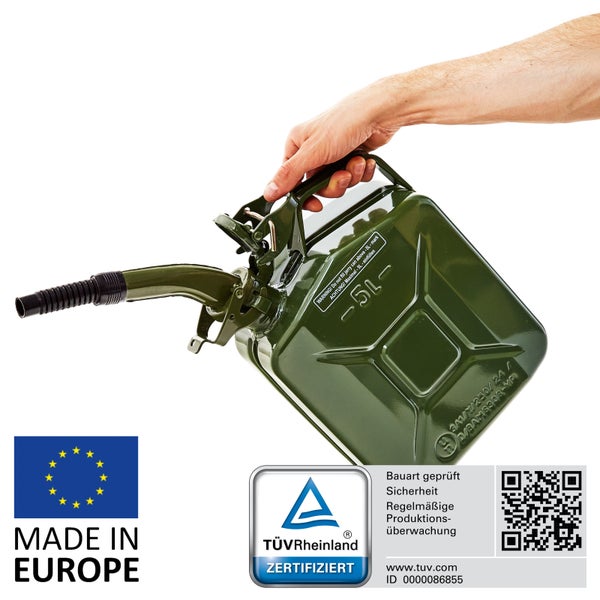 BW® Kraftstoffkanister Metall Benzinkanister 5 Liter mit Ausgießer - Olivgrün - RAL 6003 - TÜV-geprüft und UN-Zulassung - Made in Europe