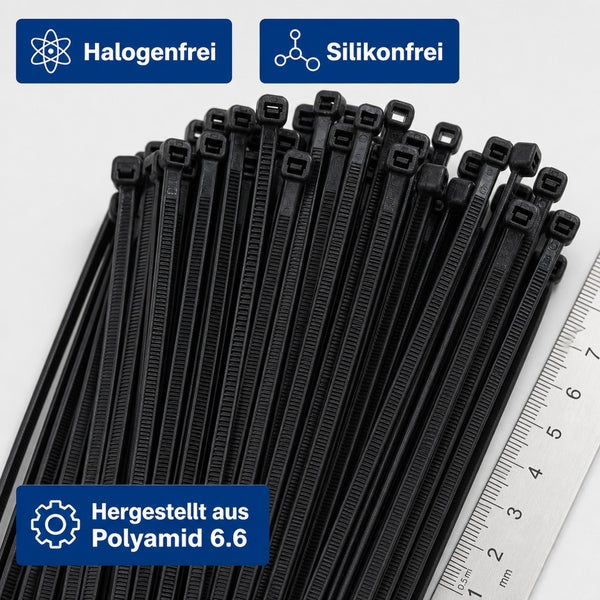 Bündel von Kabelbindern aus Polyamid 6.6, halogenfrei und silikonfrei, inklusive Maßstab zur Größenorientierung.