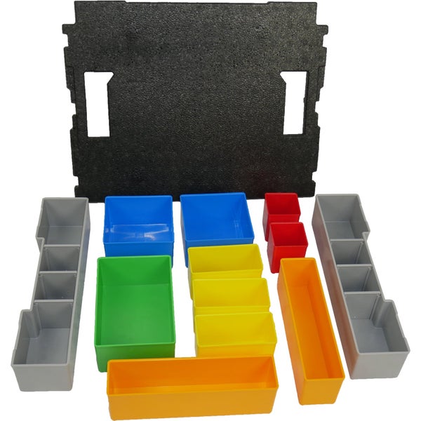 Set aus Kunststoff-Einsatzboxen in verschiedenen Farben und Größen mit einer schwarzen Schaumstoffeinlage zur Werkzeugaufbewahrung.