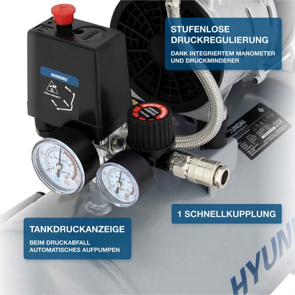Hyundai Kompressor mit zwei Manometern, einem Regler für stufenlose Druckregulierung und einer Schnellkupplung.