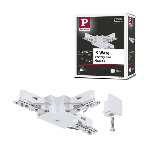 Paulmann URail T-Verbinder in Weiß mit Verpackung, B-Ware, inklusive Abdeckkappe und Schraube, Paulmann Logo, 5 Jahre Garantie.