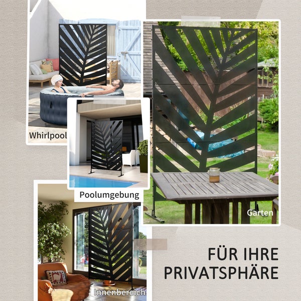 Outsunny Balkon Sichtschutz, Raumtrenner mit Bananenblattmuster, 122 x 198 cm, Stahl, Schwarz