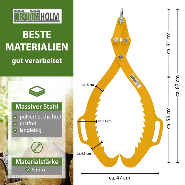 Trutzholm Stammgreifer aus pulverbeschichtetem massivem Stahl mit Bemaßung und Produktmerkmalen