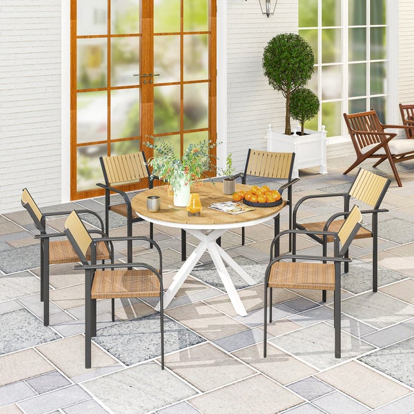 Outsunny Gartentisch Ø118cm, Wetterfest Balkontisch aus Aluminium, Beistelltisch mit Kreuzbeine Lattendesign Esstisch Outdoor, Campingtisch, rund Terrassentisch für Garten Balkon Teak