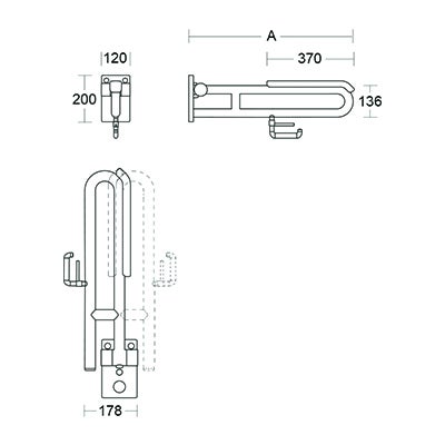 Maßzeichnung eines klappbaren Stützgriffs für das Badezimmer mit Millimeterangaben für Länge, Breite und Höhe.