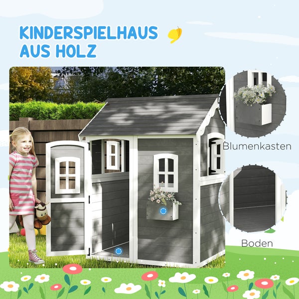 Kinderspielhaus aus Holz mit Fenstern und Blumenkästen