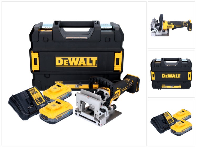 DeWalt Akku Flachdübelfräse im Set mit zwei 18 Volt Powerstack Akkus, Ladegerät und Transportkoffer.