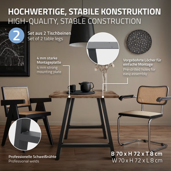 ECD Germany 2x Tischbeine A-Form A-Design, 70 x 72 cm, Anthrazit, aus pulverbeschichtetem Stahl, Industriedesign, Metall Tischkufen Tischuntergestell Tischgestell Möbelfüße, für Esstisch Schreibtisch