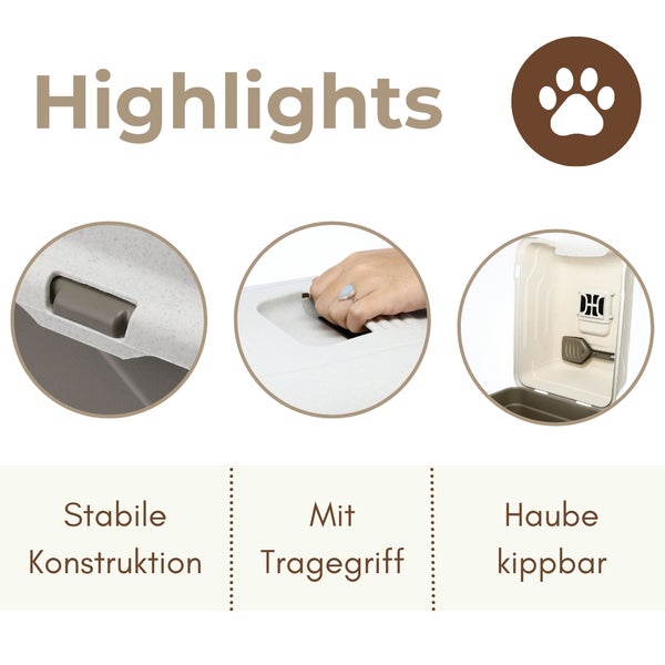 Highlights einer Katzentoilette mit stabiler Konstruktion, integriertem Tragegriff und kippbarer Haube.