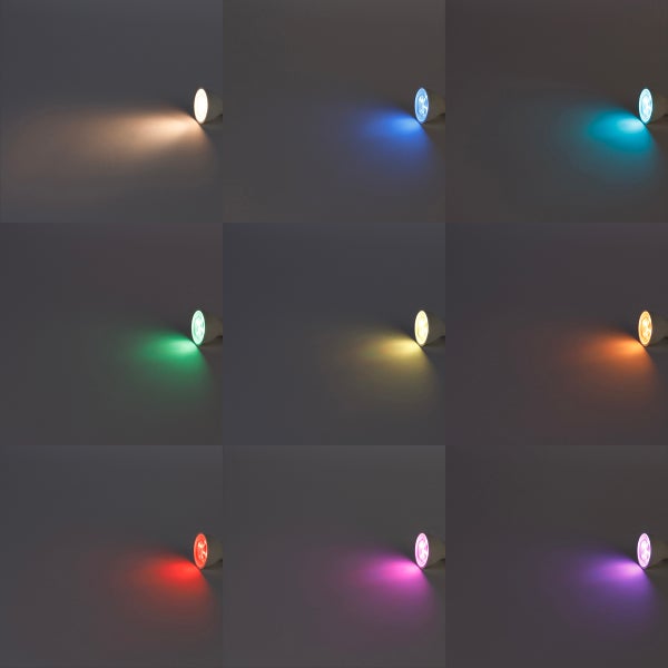 GU10 LED-Leuchtmittel zeigt neun verschiedene Lichtfarben von Warmweiß bis hin zu Farben wie Blau, Grün und Rot.