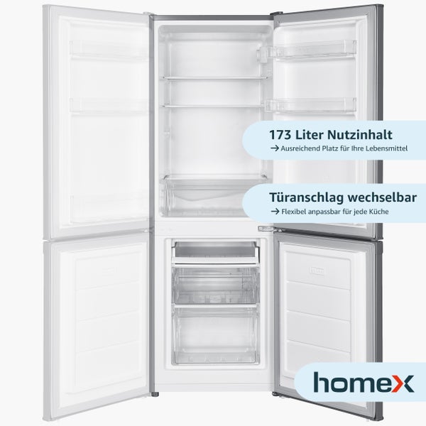 homeX Kühlschrank mit Gefrierfach Kühl-Gefrierkombination freistehend 173 Liter Nutzinhalt 40 dB CFS1110-S silber