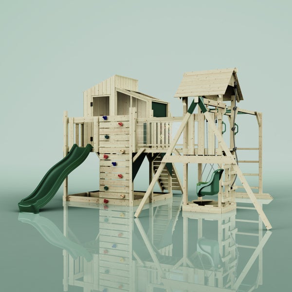 Spielturm aus Holz mit Rutsche, Schaukel und Kletterwand für den Garten