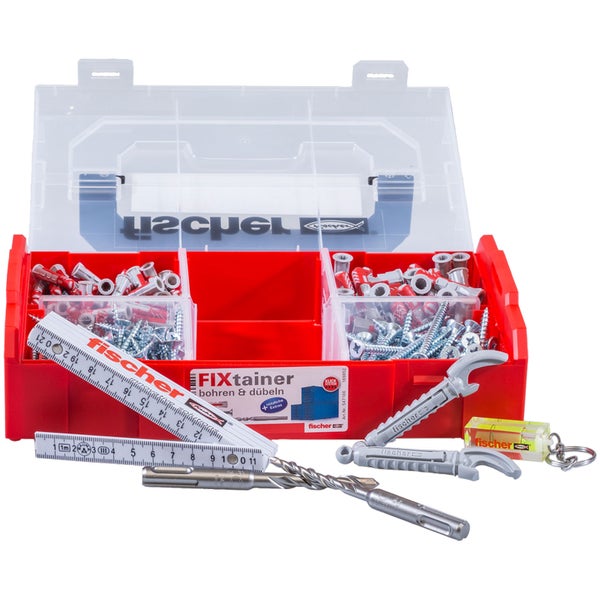Fischer FIXtainer mit Schrauben, Dübeln, Wasserwaage, Drehmomentschlüssel und Zollstock