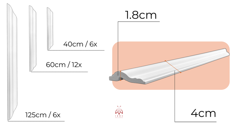 Abbildung von Zierleisten in verschiedenen Längen und Größenangaben