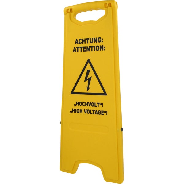 Gelber klappbarer Warnständer aus Kunststoff mit Warnsymbol für Hochspannung und Aufschrift Achtung Hochvolt und High Voltage.
