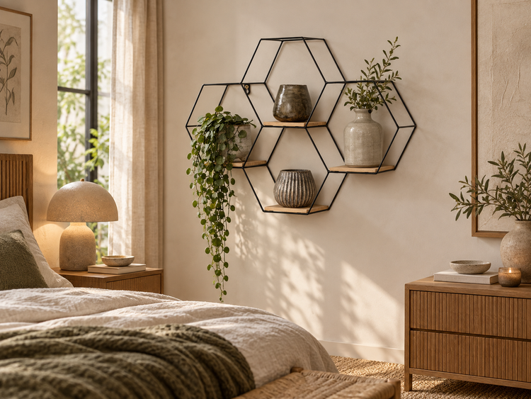Wandregal aus Metall mit sechseckigen Fächern und Holzböden in einem modern eingerichteten Schlafzimmer mit Pflanzen und Dekorationsartikeln.