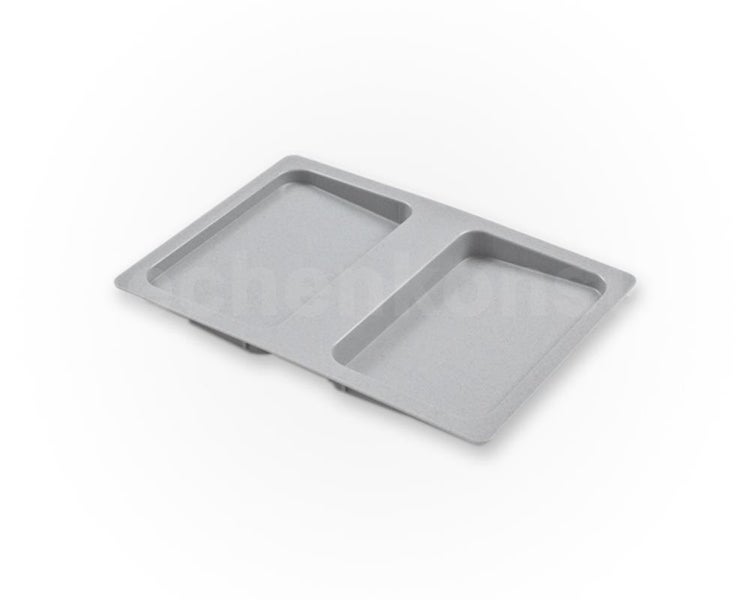 Rechteckiger Schubladeneinsatz aus grauem Kunststoff mit zwei Fächern zur Organisation.