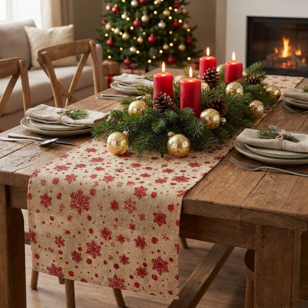 Weihnachtstischläufer aus Jute mit Schneeflockenmuster auf einem rustikalen Holztisch mit festlicher Dekoration und brennenden Stumpenkerzen.