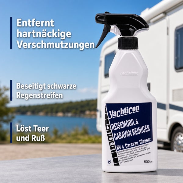 Yachticon Reisemobil und Caravan Reiniger in einer 500 Milliliter Sprühflasche zur Entfernung von hartnäckigen Verschmutzungen und Regenschlieren.