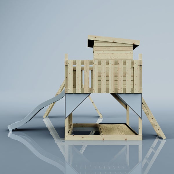 Spielturm aus Holz mit Spielhaus, Rutsche, Schaukel, Kletternetz und Sandkasten für den Garten.