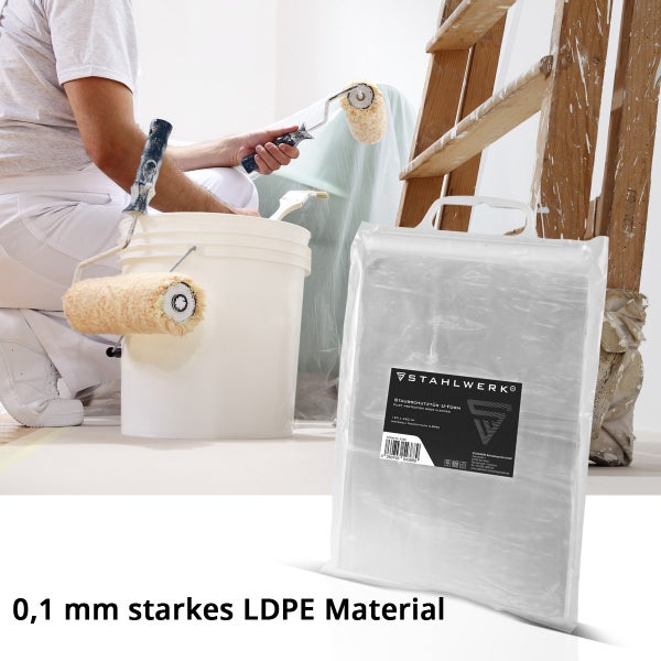 Szene mit Maler, Leiter, Farbeimer, Farbroller und Staubschutztür aus LDPE Material