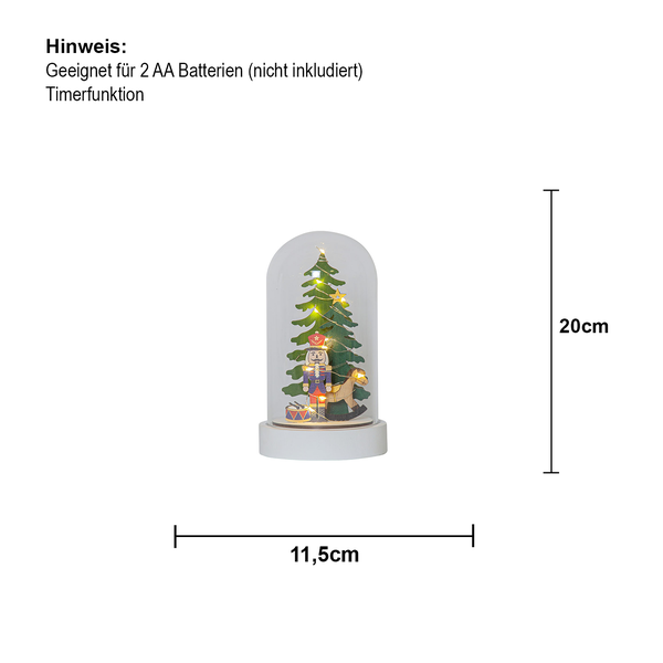 Dekorative Weihnachtsglocke mit Nussknackerfigur und Weihnachtsbaum, circa 20 cm hoch.