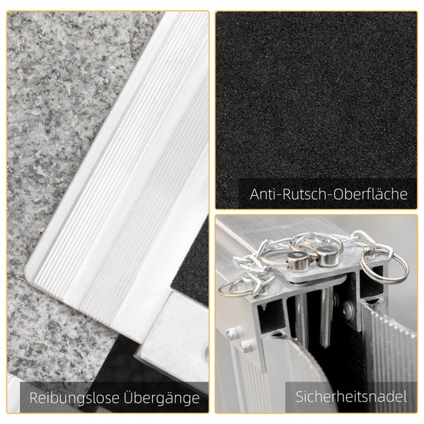 Rampendetails mit glattem Übergangsprofil, rutschfester Oberfläche und Sicherheitsnadel zur Fixierung.