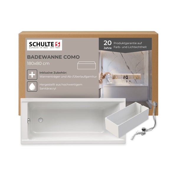 Schulte Badewanne Como 180x80 cm aus Sanitäracryl mit Wannenträger und Ab beziehungsweise Überlaufgarnitur