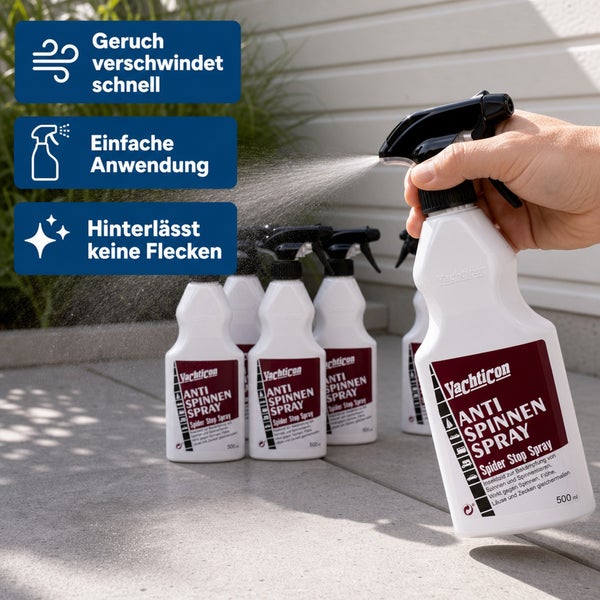 Yachticon Anti Spinnenspray in einer Sprühflasche zur Bekämpfung von Spinnen, Flöhen, Läusen und Zecken mit einfacher Anwendung.
